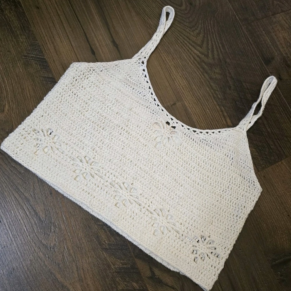 Altar'd State Women's White Spaghetti Strap Crochet Crop Top Large Boho Beach